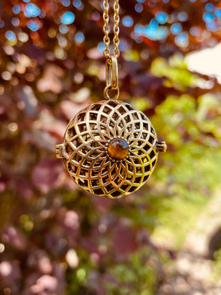 Gold Bola Tiger's Eye Necklace Brass / Pregnancy / Harmony Ball / Chimes / Vegan / Ethnic / Boho / Hippie / Rustic / Hypoallergenic