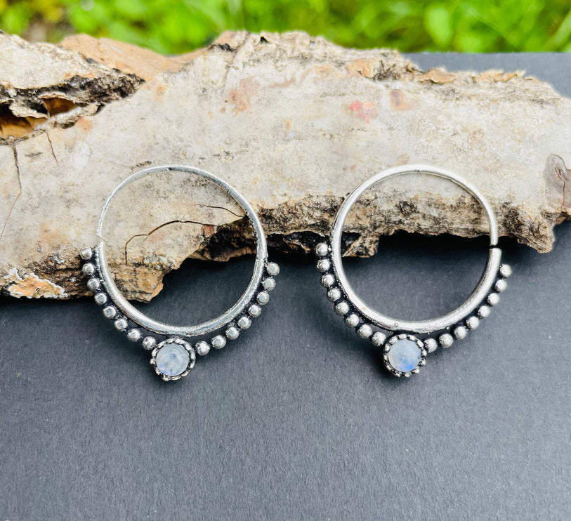 Mini Boho Hoops Moonstone Silver earrings; Triangle, Mandala, Ethnic, rustic, yoga, hippie, gypsy,, psy, boho, bohemian, festival