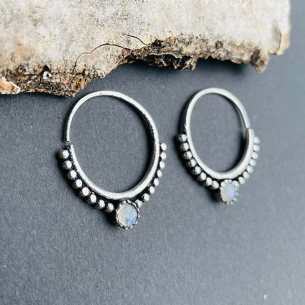 Mini Boho Hoops Moonstone Silver earrings; Triangle, Mandala, Ethnic, rustic, yoga, hippie, gypsy,, psy, boho, bohemian, festival