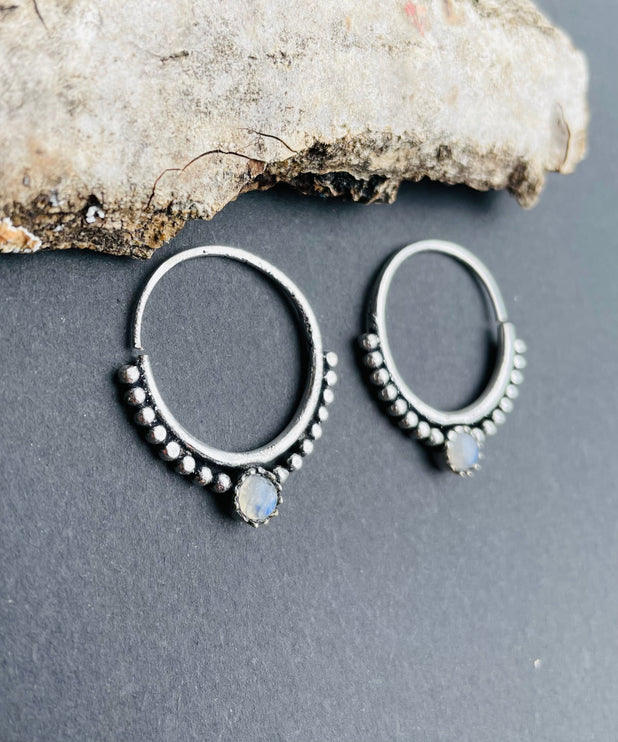 Mini Boho Hoops Moonstone Silver earrings; Triangle, Mandala, Ethnic, rustic, yoga, hippie, gypsy,, psy, boho, bohemian, festival