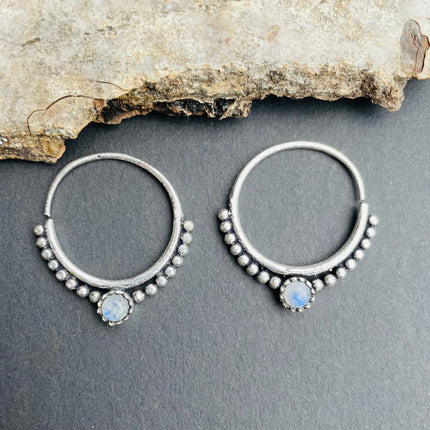 Mini Boho Hoops Moonstone Silver earrings; Triangle, Mandala, Ethnic, rustic, yoga, hippie, gypsy,, psy, boho, bohemian, festival