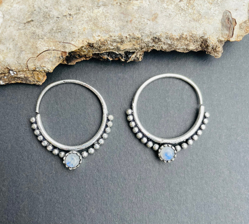 Mini Boho Hoops Moonstone Silver earrings; Triangle, Mandala, Ethnic, rustic, yoga, hippie, gypsy,, psy, boho, bohemian, festival