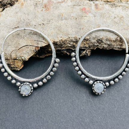 Mini Boho Hoops Moonstone Silver earrings; Triangle, Mandala, Ethnic, rustic, yoga, hippie, gypsy,, psy, boho, bohemian, festival