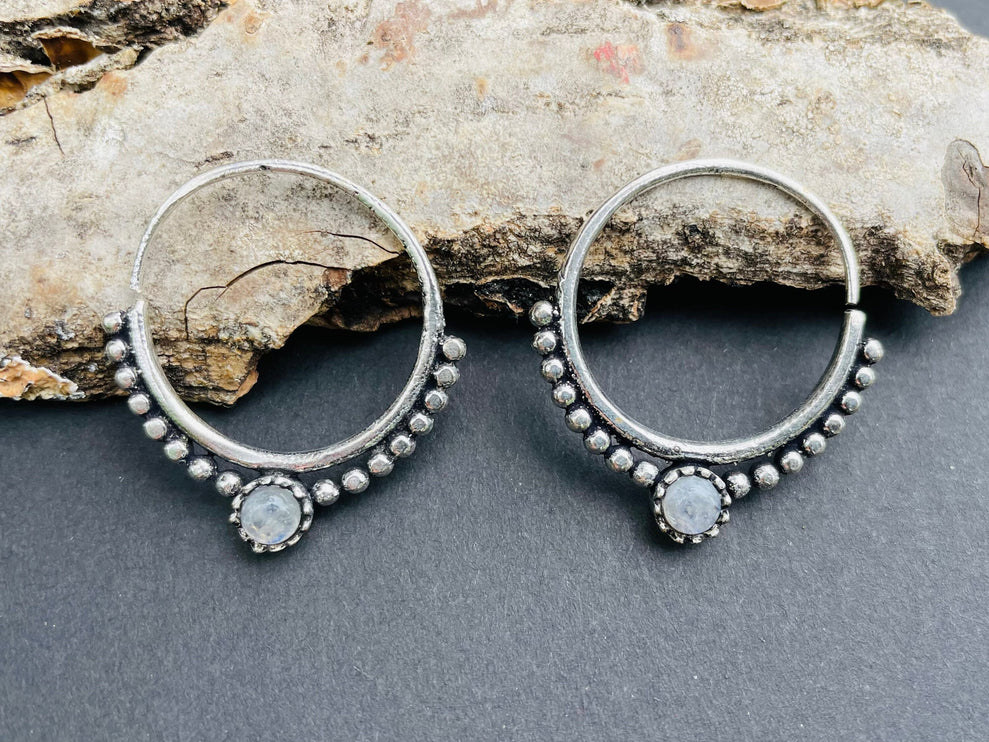 Mini Boho Hoops Moonstone Silver earrings; Triangle, Mandala, Ethnic, rustic, yoga, hippie, gypsy,, psy, boho, bohemian, festival