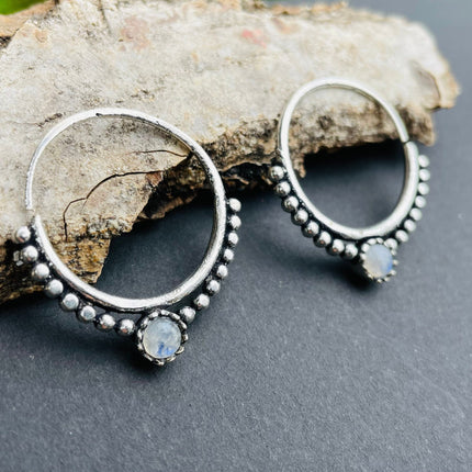 Mini Boho Hoops Moonstone Silver earrings; Triangle, Mandala, Ethnic, rustic, yoga, hippie, gypsy,, psy, boho, bohemian, festival