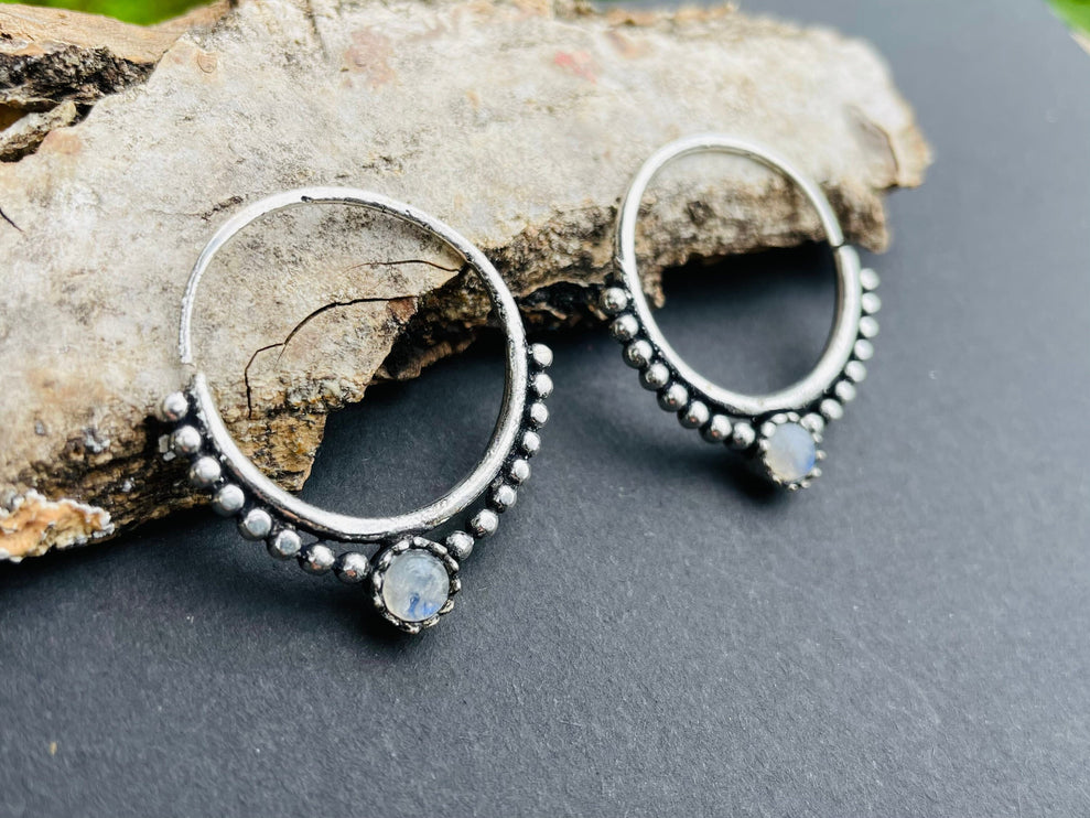 Mini Boho Hoops Moonstone Silver earrings; Triangle, Mandala, Ethnic, rustic, yoga, hippie, gypsy,, psy, boho, bohemian, festival