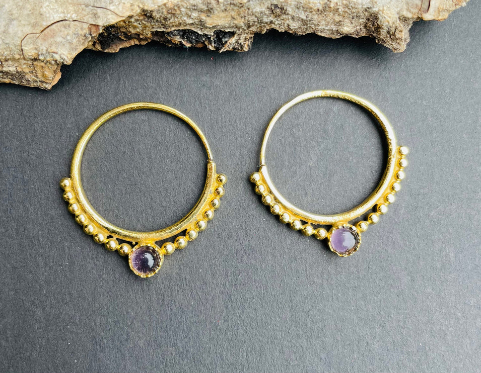 Small Boho Hoops Amethyst Brass Earrings / Triangle / Mandala / Ethnic / Rustic / Yoga / Hippie / Gypsy / Psy / Bohemian / Festival