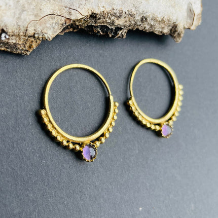 Small Boho Hoops Amethyst Brass Earrings / Triangle / Mandala / Ethnic / Rustic / Yoga / Hippie / Gypsy / Psy / Bohemian / Festival