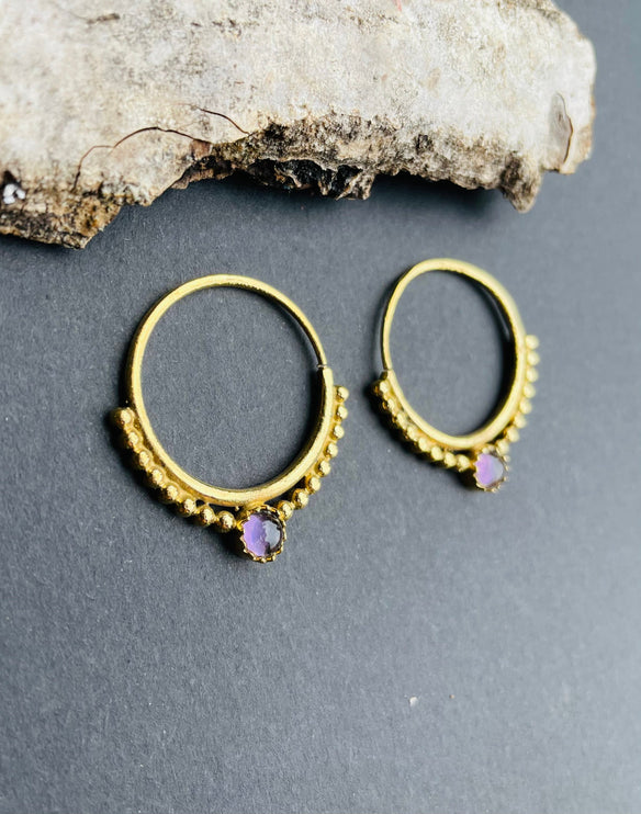 Small Boho Hoops Amethyst Brass Earrings / Triangle / Mandala / Ethnic / Rustic / Yoga / Hippie / Gypsy / Psy / Bohemian / Festival