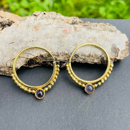 Small Boho Hoops Amethyst Brass Earrings / Triangle / Mandala / Ethnic / Rustic / Yoga / Hippie / Gypsy / Psy / Bohemian / Festival