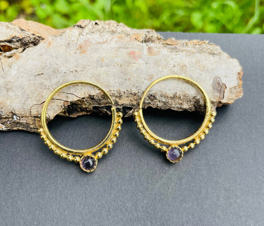 Small Boho Hoops Amethyst Brass Earrings / Triangle / Mandala / Ethnic / Rustic / Yoga / Hippie / Gypsy / Psy / Bohemian / Festival