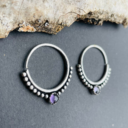 Small Boho Hoops Amethyst Silver Earrings / Triangle / Mandala / Ethnic / Rustic / Yoga / Hippie / Gypsy / Psy / Bohemian / Festival