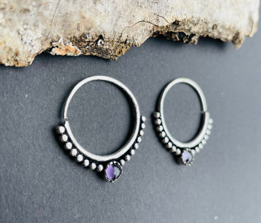 Small Boho Hoops Amethyst Silver Earrings / Triangle / Mandala / Ethnic / Rustic / Yoga / Hippie / Gypsy / Psy / Bohemian / Festival