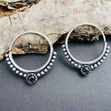 Small Boho Hoops Amethyst Silver Earrings / Triangle / Mandala / Ethnic / Rustic / Yoga / Hippie / Gypsy / Psy / Bohemian / Festival