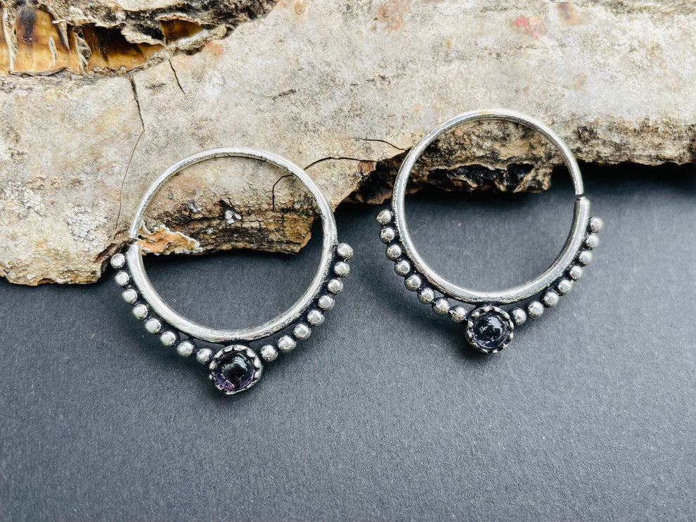 Small Boho Hoops Amethyst Silver Earrings / Triangle / Mandala / Ethnic / Rustic / Yoga / Hippie / Gypsy / Psy / Bohemian / Festival