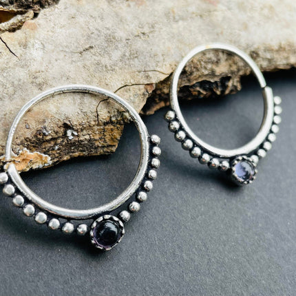 Small Boho Hoops Amethyst Silver Earrings / Triangle / Mandala / Ethnic / Rustic / Yoga / Hippie / Gypsy / Psy / Bohemian / Festival