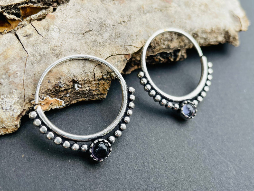 Small Boho Hoops Amethyst Silver Earrings / Triangle / Mandala / Ethnic / Rustic / Yoga / Hippie / Gypsy / Psy / Bohemian / Festival