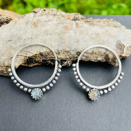 Small Silver Boho Earrings Labradorite / Heart / Mandala / Ethnic / Rustic / Yoga / Hippie / Gypsy / Psy / Bohemian / Festival