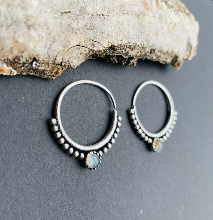 Small Silver Boho Earrings Labradorite / Heart / Mandala / Ethnic / Rustic / Yoga / Hippie / Gypsy / Psy / Bohemian / Festival