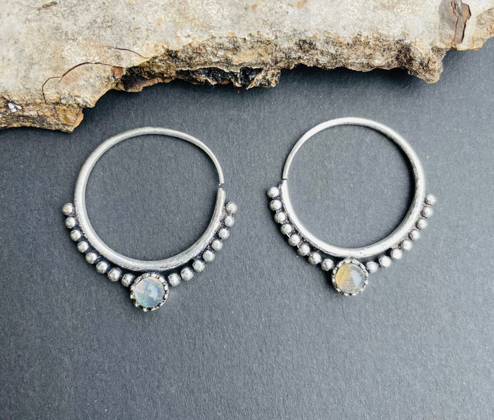 Small Silver Boho Earrings Labradorite / Heart / Mandala / Ethnic / Rustic / Yoga / Hippie / Gypsy / Psy / Bohemian / Festival