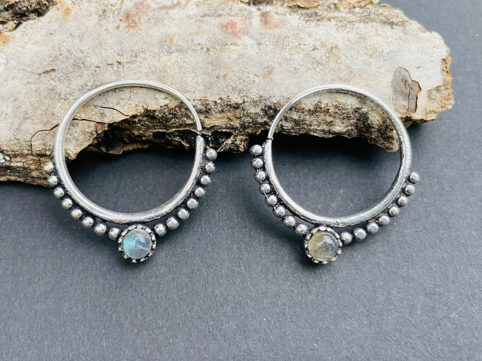 Small Silver Boho Earrings Labradorite / Heart / Mandala / Ethnic / Rustic / Yoga / Hippie / Gypsy / Psy / Bohemian / Festival