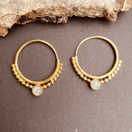 Small Boho Hoops Moonstone Brass earrings; Triangle, Mandala, Ethnic, rustic, yoga, hippie, gypsy,, psy, boho, bohemian, festival