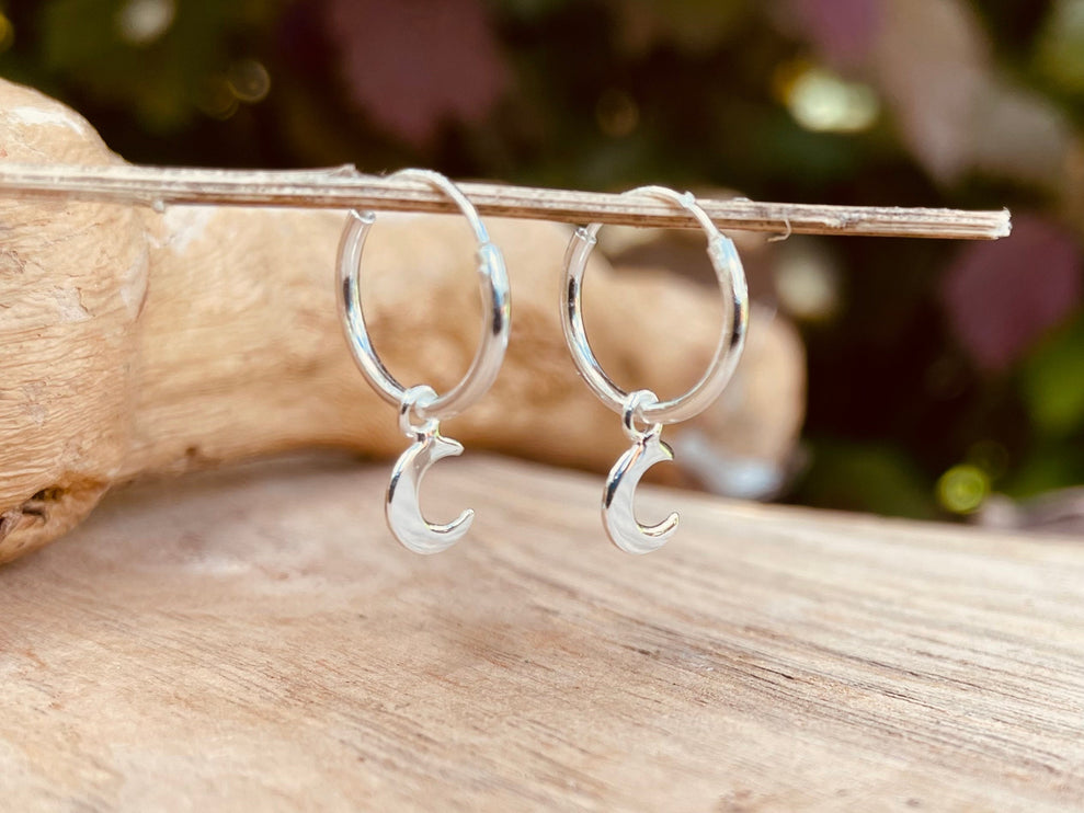 Clicker Hoops Sterling Silver 925 Moon / Sleeper Earrings / Dainty / Ethnic Boho Bohemian Marriage Bridal Jewelry Hippie Hiphop Festival