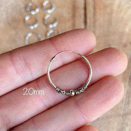 Sterling Silver 925 Hoop Earrings Bali Style Sleeper Dainty Hypoallergenic / Ethnic / Rustic / Bohemian / Gypsy / Hippie / Festival / style