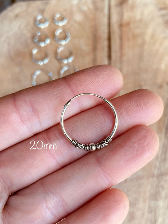 Sterling Silver 925 Hoop Earrings Bali Style Sleeper Dainty Hypoallergenic / Ethnic / Rustic / Bohemian / Gypsy / Hippie / Festival / style