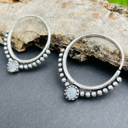 Mini Boho Hoops Moonstone Silver earrings; Triangle, Mandala, Ethnic, rustic, yoga, hippie, gypsy,, psy, boho, bohemian, festival