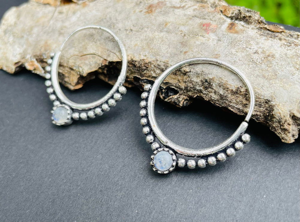 Mini Boho Hoops Moonstone Silver earrings; Triangle, Mandala, Ethnic, rustic, yoga, hippie, gypsy,, psy, boho, bohemian, festival