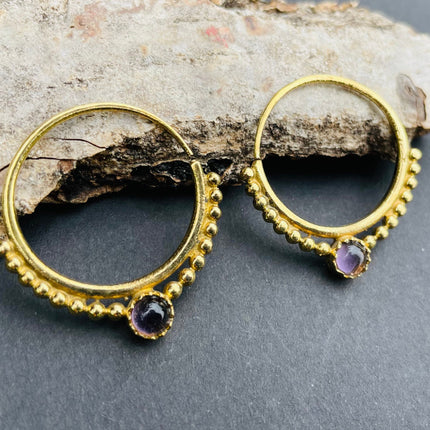 Small Boho Hoops Amethyst Brass Earrings / Triangle / Mandala / Ethnic / Rustic / Yoga / Hippie / Gypsy / Psy / Bohemian / Festival