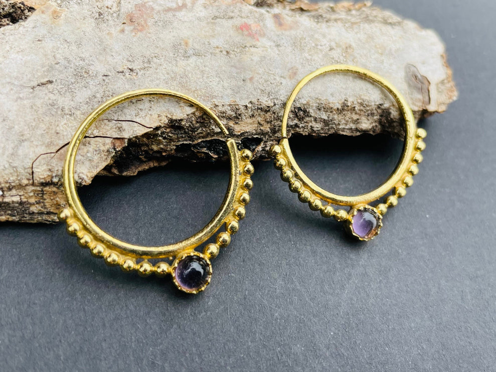 Small Boho Hoops Amethyst Brass Earrings / Triangle / Mandala / Ethnic / Rustic / Yoga / Hippie / Gypsy / Psy / Bohemian / Festival