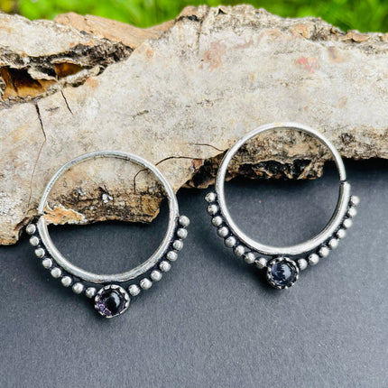 Small Boho Hoops Amethyst Silver Earrings / Triangle / Mandala / Ethnic / Rustic / Yoga / Hippie / Gypsy / Psy / Bohemian / Festival