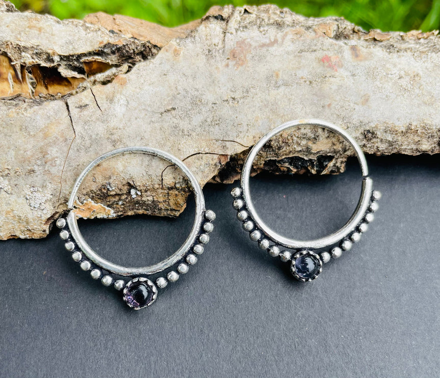 Small Boho Hoops Amethyst Silver Earrings / Triangle / Mandala / Ethnic / Rustic / Yoga / Hippie / Gypsy / Psy / Bohemian / Festival