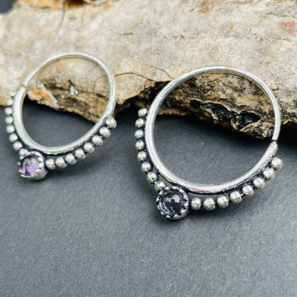 Small Boho Hoops Amethyst Silver Earrings / Triangle / Mandala / Ethnic / Rustic / Yoga / Hippie / Gypsy / Psy / Bohemian / Festival