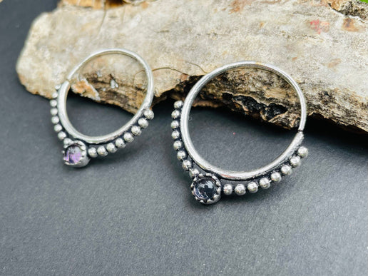 Small Boho Hoops Amethyst Silver Earrings / Triangle / Mandala / Ethnic / Rustic / Yoga / Hippie / Gypsy / Psy / Bohemian / Festival