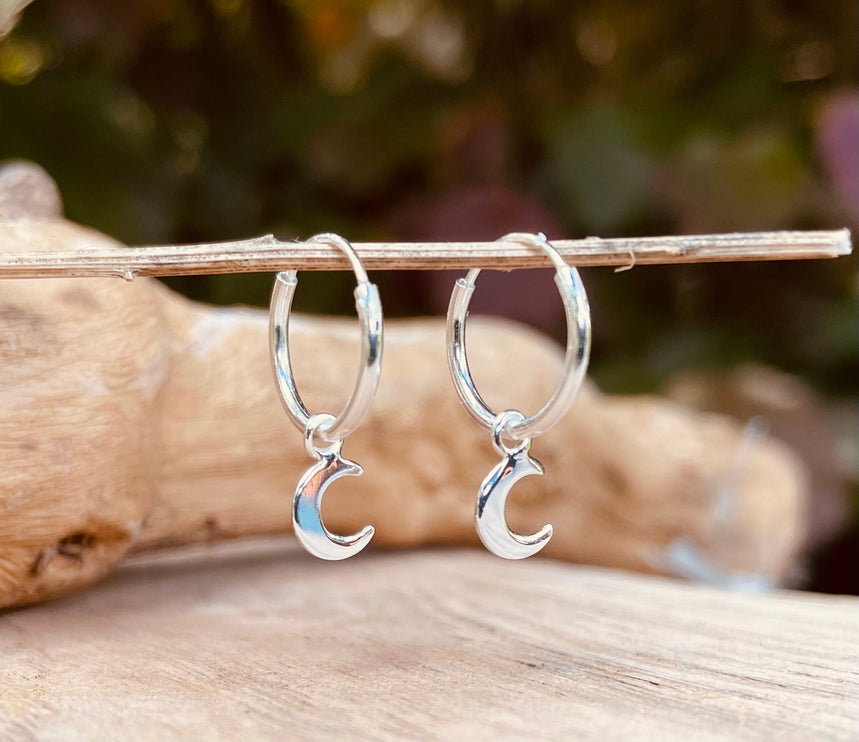 Clicker Hoops Sterling Silver 925 Moon / Sleeper Earrings / Dainty / Ethnic Boho Bohemian Marriage Bridal Jewelry Hippie Hiphop Festival