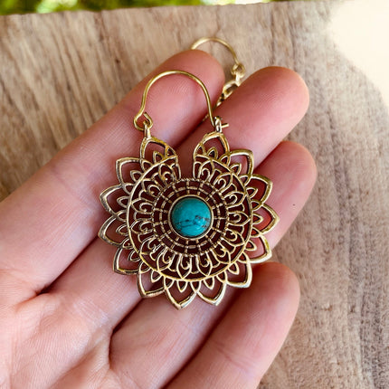 Golden Mandala Flower Turquoise Earrings ; Ethnic, Geometric, rustic, yoga, hippie, gypsy, pretty, boho, bohemian, festival