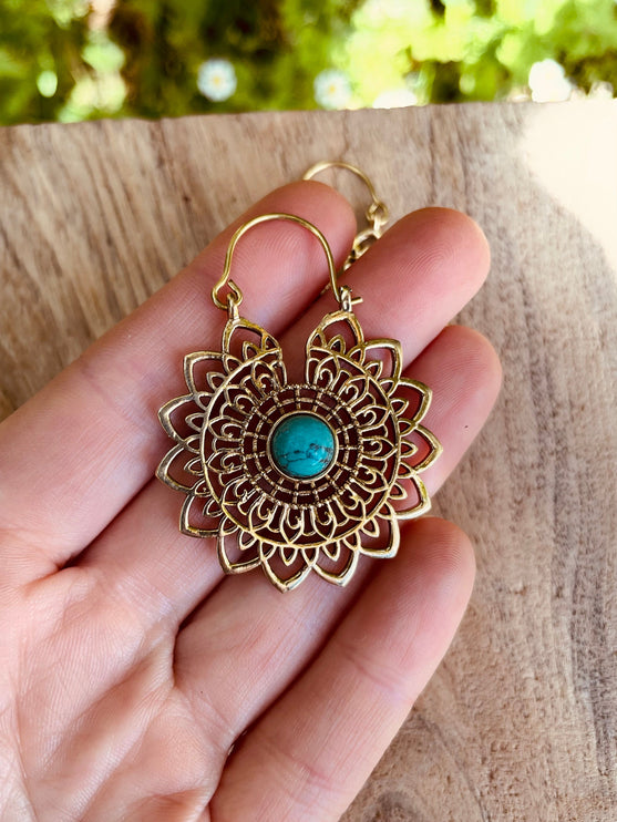 Golden Mandala Flower Turquoise Earrings ; Ethnic, Geometric, rustic, yoga, hippie, gypsy, pretty, boho, bohemian, festival