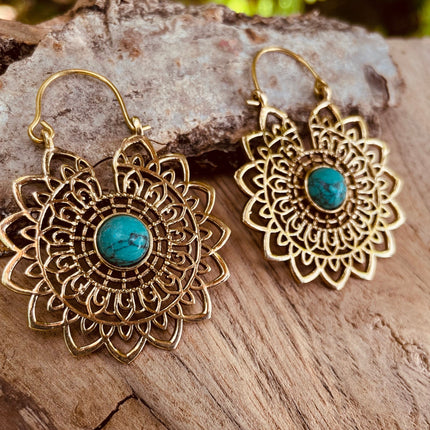 Golden Mandala Flower Turquoise Earrings ; Ethnic, Geometric, rustic, yoga, hippie, gypsy, pretty, boho, bohemian, festival