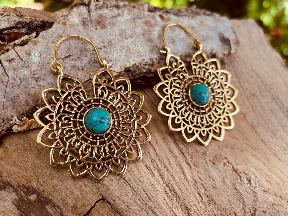 Golden Mandala Flower Turquoise Earrings ; Ethnic, Geometric, rustic, yoga, hippie, gypsy, pretty, boho, bohemian, festival