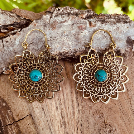 Golden Mandala Flower Turquoise Earrings ; Ethnic, Geometric, rustic, yoga, hippie, gypsy, pretty, boho, bohemian, festival