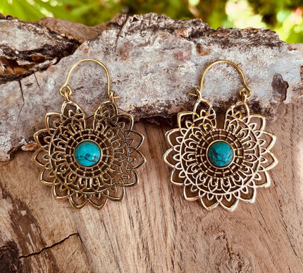 Golden Mandala Flower Turquoise Earrings ; Ethnic, Geometric, rustic, yoga, hippie, gypsy, pretty, boho, bohemian, festival