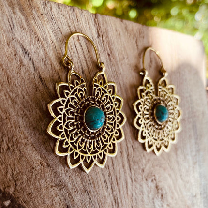 Golden Mandala Flower Turquoise Earrings ; Ethnic, Geometric, rustic, yoga, hippie, gypsy, pretty, boho, bohemian, festival