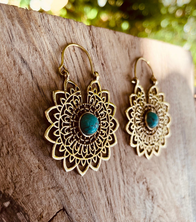 Golden Mandala Flower Turquoise Earrings ; Ethnic, Geometric, rustic, yoga, hippie, gypsy, pretty, boho, bohemian, festival