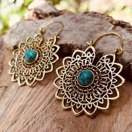 Golden Mandala Flower Turquoise Earrings ; Ethnic, Geometric, rustic, yoga, hippie, gypsy, pretty, boho, bohemian, festival