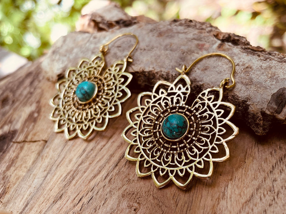 Golden Mandala Flower Turquoise Earrings ; Ethnic, Geometric, rustic, yoga, hippie, gypsy, pretty, boho, bohemian, festival