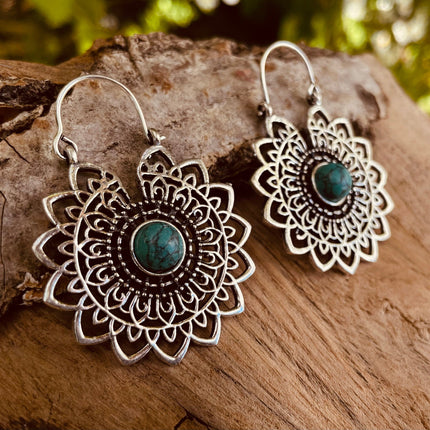 Silver Mandala Flower Turquoise Earrings ; Ethnic, Geometric, rustic, yoga, hippie, gypsy, pretty, boho, bohemian, festival