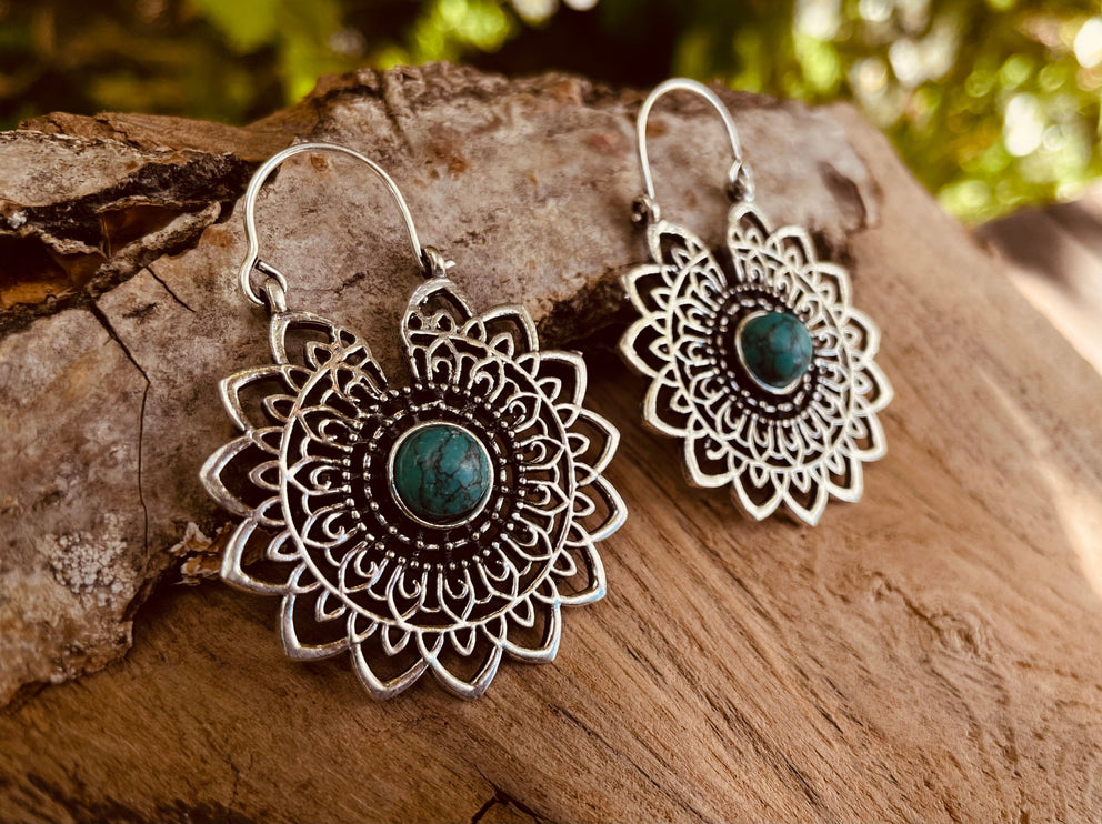 Silver Mandala Flower Turquoise Earrings ; Ethnic, Geometric, rustic, yoga, hippie, gypsy, pretty, boho, bohemian, festival